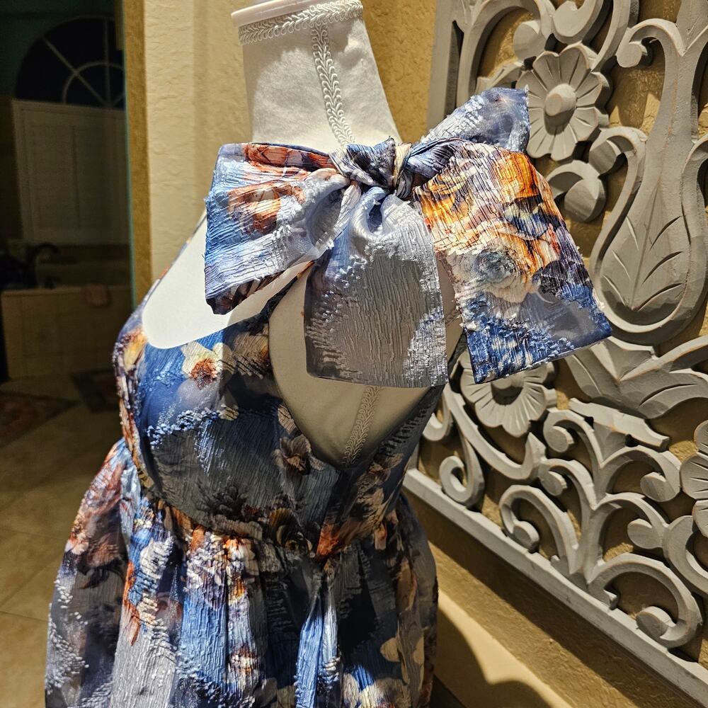 Storia Floral Jacquard Mini Dress S One Shoulder Bow Fit & Flare NWT Cottagecore - Picture 9 of 15